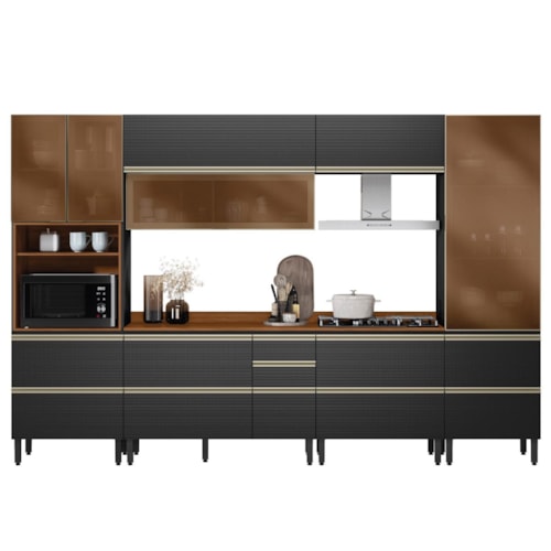 Cozinha Modulada Proença 6 Peças com Paneleiro 1 Forno e Balcão 80cm Nogueira Touch/Carbono Prime TX - Demartêz