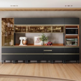 Cozinha Modulada Proença 8 Peças com Cristaleira e Aéreo 120cm Nogueira Touch/Carbono Prime TX - Demartêz