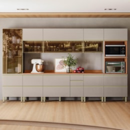 Cozinha Modulada Proença 8 Peças com Cristaleira e Aéreo 120cm Nogueira Touch/Nude Prime TX - Demartêz 