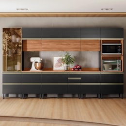 Cozinha Modulada Proença 8 Peças com Cristaleira Nogueira Touch/Carbono Prime TX - Demartêz