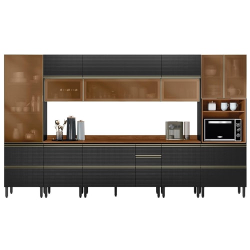 Cozinha Modulada Proença 8 Peças com Paneleiro 1 Forno e Aéreo 120cm Nogueira Touch/Carbono Prime TX - Demartêz