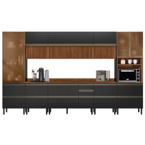 Cozinha Modulada Proença 8 Peças com Paneleiro 1 Forno e Balcão 120cm Nogueira Touch/Carbono Prime TX - Demartêz