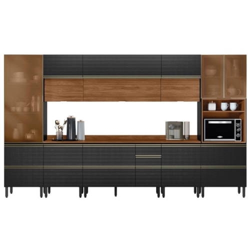 Cozinha Modulada Proença 8 Peças com Paneleiro 1 Forno Nogueira Touch/Carbono Prime TX - Demartêz