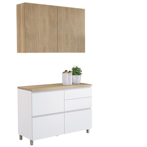 Cozinha Modulada Rainha 2 Peças 120cm com Balcão e Armário Aéreo Branco/Nature - Nesher
