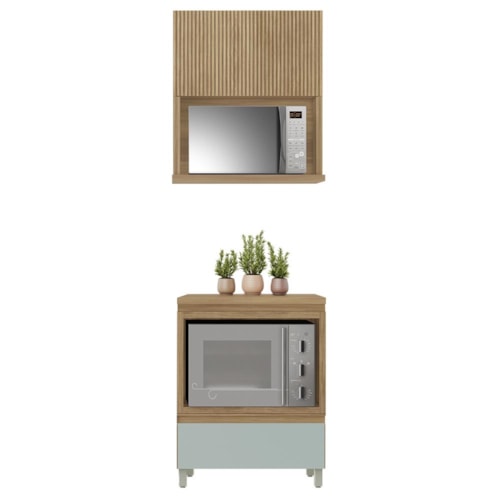 Cozinha Modulada Rainha 2 Peças 70cm com Balcão de Forno e Armário Aéreo Micro-ondas Nature/Verde - Nesher