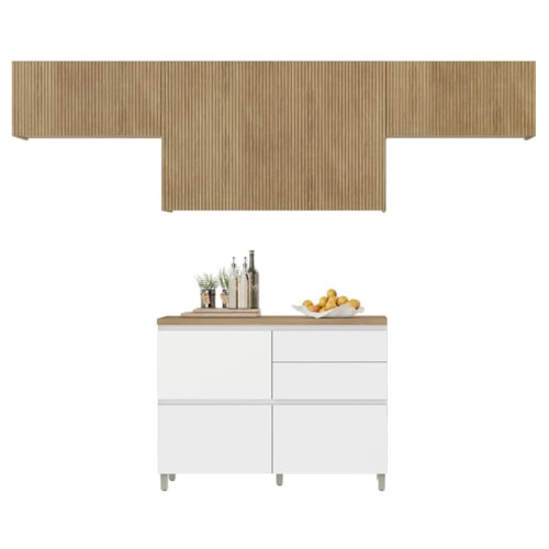 Cozinha Modulada Rainha 4 Peças Balcão 120cm Branco/Nature com Tampo em MDF - Nesher 