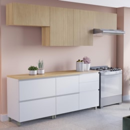 Cozinha Modulada Rainha 5 Peças Balcão 120cm Branco/Nature com Tampo em MDF - Nesher
