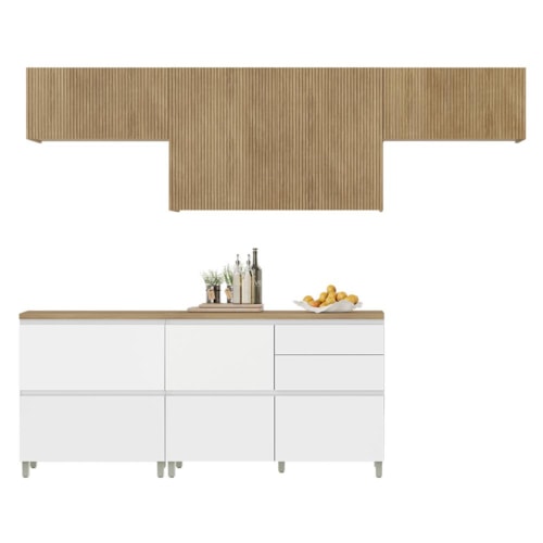Cozinha Modulada Rainha 5 Peças Balcão 120cm Branco/Nature com Tampo em MDF - Nesher
