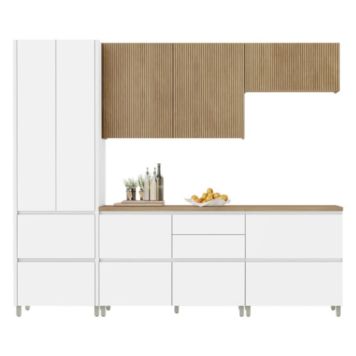 Cozinha Modulada Rainha 5 Peças com Paneleiro e Balcão 80cm para Cooktop Branco/Nature - Nesher