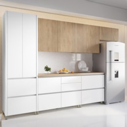Cozinha Modulada Rainha 6 Peças Paneleiro e Balcão 120cm Branco/Nature com Tampo em MDF - Nesher