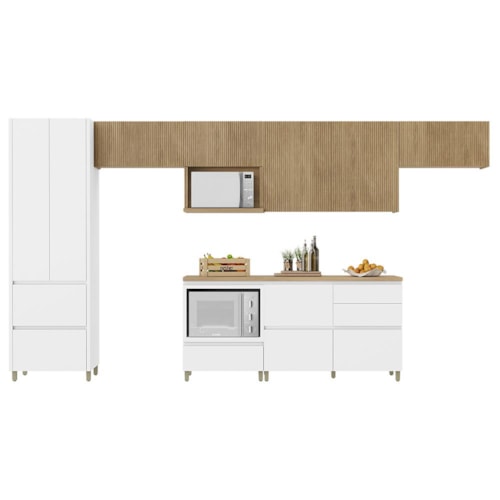 Cozinha Modulada Rainha 7 Peças Balcão 120cm Branco/Nature com Tampo em MDF - Nesher