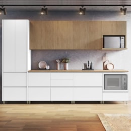 Cozinha Modulada Rainha 7 Peças com Paneleiro e Armário Aéreo de Micro-ondas Branco/Nature - Nesher