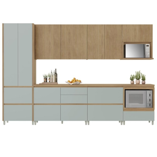 Cozinha Modulada Rainha 7 Peças com Paneleiro e Armário Aéreo de Micro-ondas Nature/Verde - Nesher