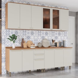 Cozinha Modulada Requinte 6 Peças Balcão 120cm Nature/Areia com Tampo - Móveis Henn