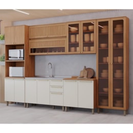Cozinha Modulada Requinte 6 Peças com Torre Quente 2 Fornos e Cristaleira Nature/Areia - Móveis Henn