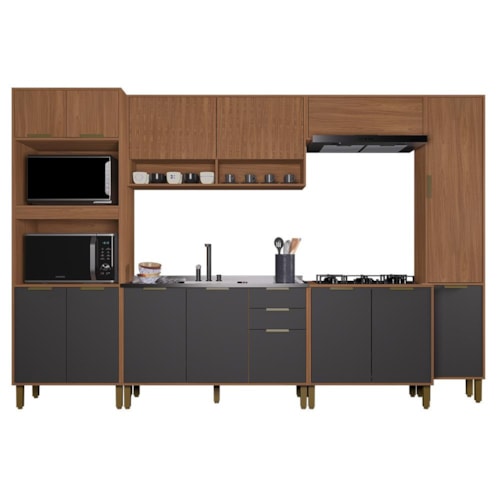 Cozinha Modulada Toronto 6 Peças com Torre Quente 2 Fornos Freijó/Chumbo - Indékes