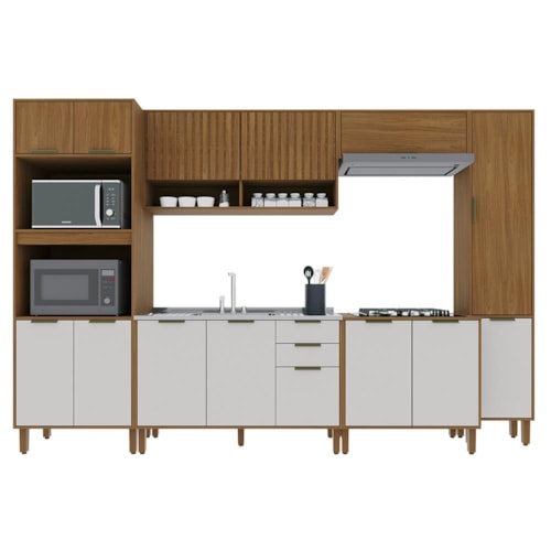 Cozinha Modulada Toronto 6 Peças com Torre Quente 2 Fornos Freijó/Off White - Indékes