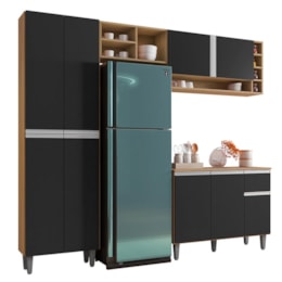 Cozinha Modulada Vanessa 230cm Paneleiro, Balcão com Tampo MDP e Aéreo Amêndoa/Preto - AJL Móveis Cozinha Modulada Vanessa 230cm Paneleiro, Balcão com Tampo MDP e Aéreo Amêndoa/Preto - AJL Móveis