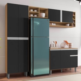 Cozinha Modulada Vanessa 230cm Paneleiro, Balcão com Tampo MDP e Aéreo Amêndoa/Preto - AJL Móveis Cozinha Modulada Vanessa 230cm Paneleiro, Balcão com Tampo MDP e Aéreo Amêndoa/Preto - AJL Móveis