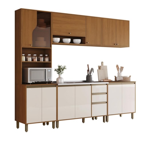 Cozinha Venaly 5 Peças com Balcão Pia e Torre Quente 1 Forno Cinamomo/Off White - Móveis Henn