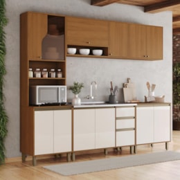 Cozinha Venaly 5 Peças com Balcão Pia e Torre Quente 1 Forno Cinamomo/Off White - Móveis Henn