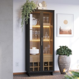 Cristaleira Guanabara 2 Portas de Vidro com Adega Preto Fosco/Noce Milano - PR Móveis