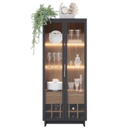 Cristaleira Guanabara 2 Portas de Vidro com Adega Preto Fosco/Noce Milano - PR Móveis