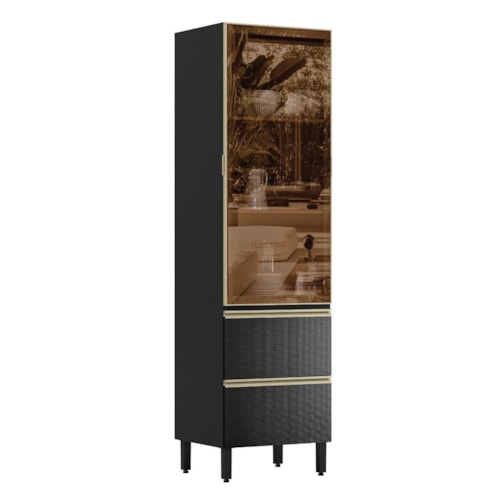 Cristaleira Proença 70cm 1 Porta Vidro Reflecta e 2 Gavetas Nogueira Touch/Carbono Prime TX - Demartêz