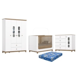 Dormitório Aconchego Guarda Roupa, Cômoda e Berço Branco/Jequitibá com Colchão Physical - Móveis Henn