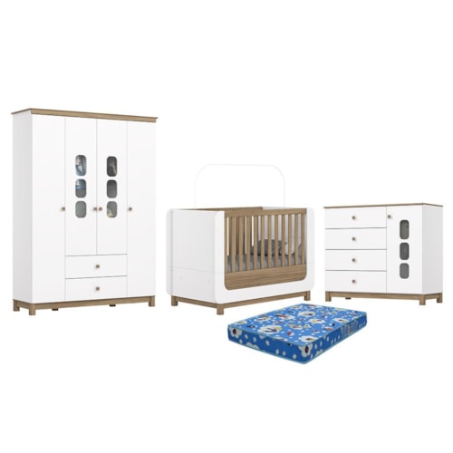 Dormitório Aconchego Guarda Roupa, Cômoda e Berço Branco/Jequitibá com Colchão Physical - Móveis Henn