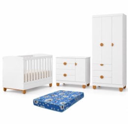 Dormitório Apolo com Guarda Roupa, Cômoda e Berço Branco Fosco com Colchão Physical - Reller Móveis