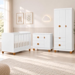 Dormitório Apolo com Guarda Roupa, Cômoda e Berço Branco Fosco com Colchão Supreme - Reller Móveis