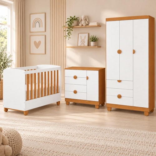 Dormitório Apolo com Guarda Roupa, Cômoda e Berço Branco Fosco/Savana com Colchão Physical - Reller Móveis