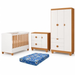 Dormitório Apolo com Guarda Roupa, Cômoda e Berço Branco Fosco/Savana com Colchão Physical - Reller Móveis