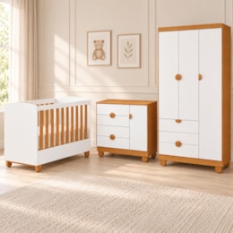 Dormitório Apolo com Guarda Roupa, Cômoda e Berço Branco Fosco/Savana com Colchão Supreme - Reller Móveis