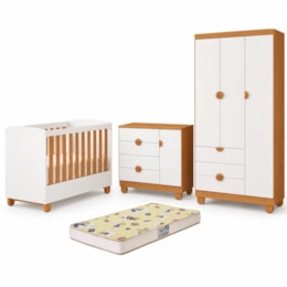 Dormitório Apolo com Guarda Roupa, Cômoda e Berço Branco Fosco/Savana com Colchão Supreme - Reller Móveis