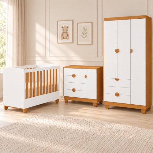 Dormitório Apolo com Guarda Roupa, Cômoda e Berço Branco Fosco/Savana com Colchão Supreme - Reller Móveis