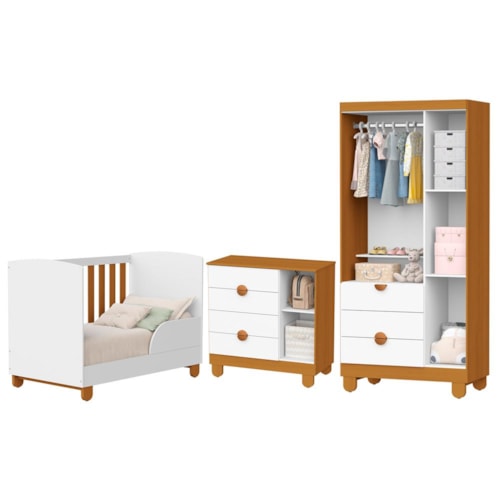Dormitório Apolo com Guarda Roupa, Cômoda e Berço Branco Fosco/Savana com Colchão Supreme - Reller Móveis