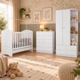 Dormitório Bala de Menta Guarda Roupa, Cômoda e Berço Branco com Colchão Baby Physical - Móveis Henn