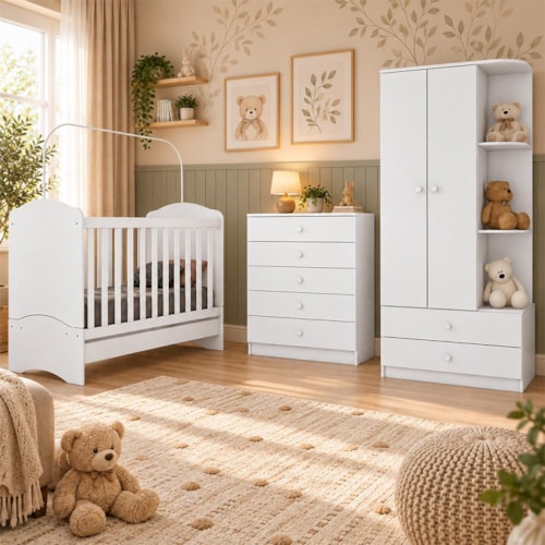 Dormitório Bala de Menta Guarda Roupa, Cômoda e Berço Branco com Colchão Baby Physical - Móveis Henn
