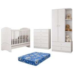 Dormitório Bala de Menta Guarda Roupa, Cômoda e Berço Branco com Colchão Baby Physical - Móveis Henn