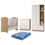 Dormitório Bala de Menta Guarda Roupa, Cômoda e Berço Rústico/Branco com Colchão Baby Physical - Móveis Henn