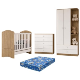 Dormitório Bala de Menta Guarda Roupa, Cômoda e Berço Rústico/Branco com Colchão Baby Physical - Móveis Henn