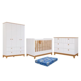 Dormitório Biscoito Guarda Roupa, Cômoda e Berço Branco/Nature com Colchão Physical - Permóbili Baby Dormitório Biscoito Guarda Roupa, Cômoda e Berço Branco/Nature com Colchão Physical - Permóbili Baby