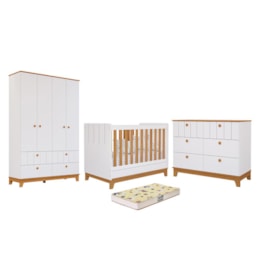 Dormitório Biscoito Guarda Roupa, Cômoda e Berço Branco/Nature com Colchão Supreme - Permóbili Baby Dormitório Biscoito Guarda Roupa, Cômoda e Berço Branco/Nature com Colchão Supreme - Permóbili Baby