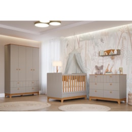 Dormitório Biscoito Guarda Roupa, Cômoda e Berço Fendi/Nature com Colchão Supreme - Permóbili Baby Dormitório Biscoito Guarda Roupa, Cômoda e Berço Fendi/Nature com Colchão Supreme - Permóbili Baby