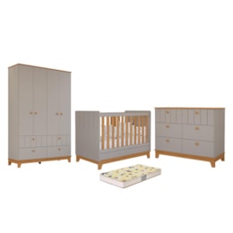 Dormitório Biscoito Guarda Roupa, Cômoda e Berço Fendi/Nature com Colchão Supreme - Permóbili Baby Dormitório Biscoito Guarda Roupa, Cômoda e Berço Fendi/Nature com Colchão Supreme - Permóbili Baby
