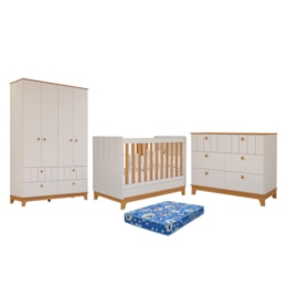 Dormitório Biscoito Guarda Roupa, Cômoda e Berço Off White/Nature com Colchão Physical - Permóbili Baby Dormitório Biscoito Guarda Roupa, Cômoda e Berço Off White/Nature com Colchão Physical - Permóbili Baby