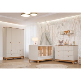 Dormitório Biscoito Guarda Roupa, Cômoda e Berço Off White/Nature com Colchão Physical - Permóbili Baby
