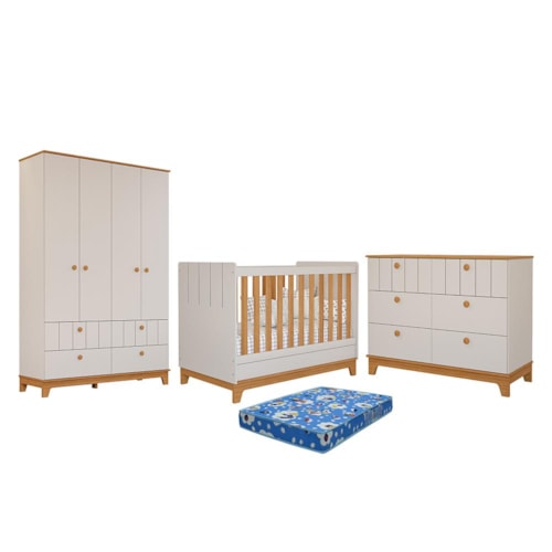 Dormitório Biscoito Guarda Roupa, Cômoda e Berço Off White/Nature com Colchão Physical - Permóbili Baby